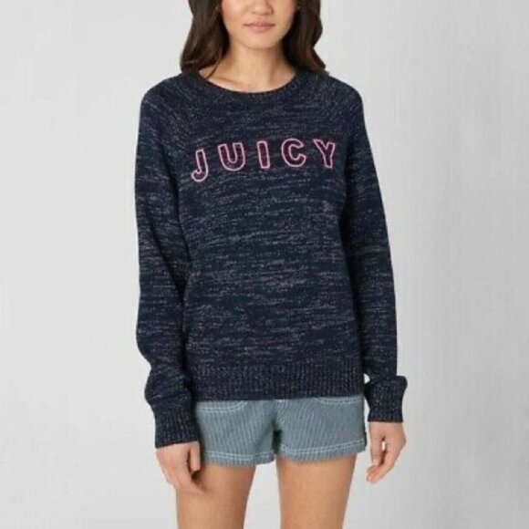 JUICY Couture Marled  Blue Logo Knit Crewneck Sweater Size Medium - Picture 1 of 7